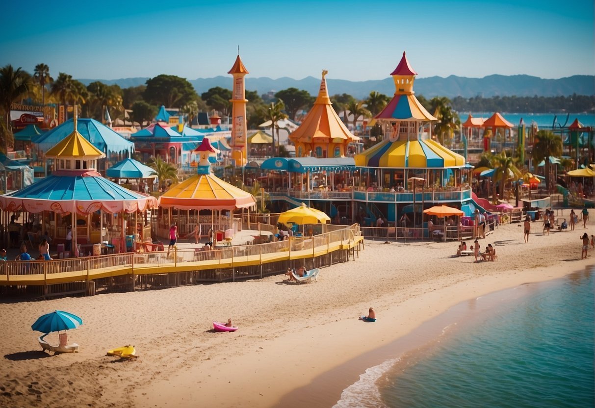 A beach with calm, shallow waters and soft sand. A bustling amusement park with kid-friendly rides. A peaceful countryside with petting zoos. A vibrant city with stroller-friendly attractions. A family-friendly resort with play areas
