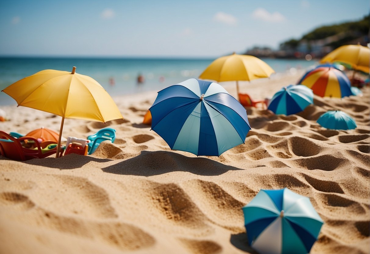 A beach with clear blue waters, golden sand, and colorful umbrellas. Families play in the water, build sandcastles, and enjoy picnics under the shade