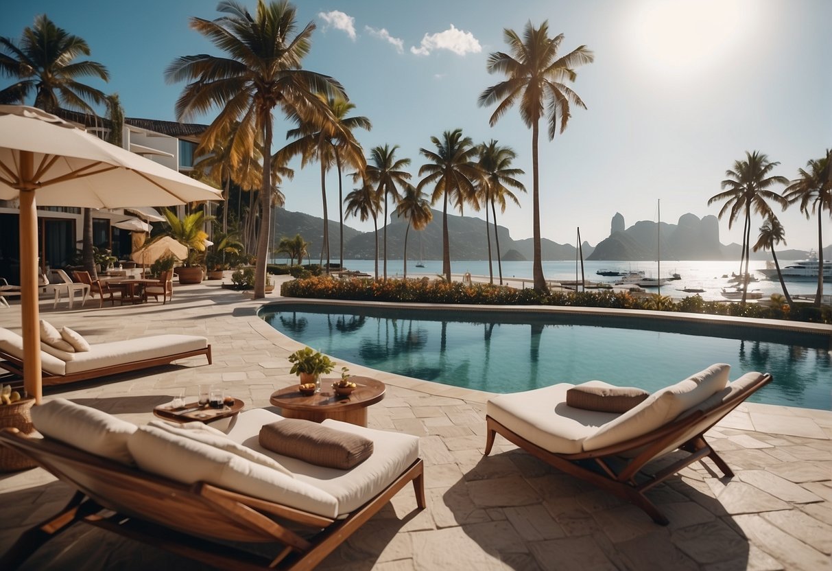 Un resort frente a la playa con palmeras, una pareja descansando junto a la piscina, lugares emblemáticos al fondo y un lujoso yate a lo lejos.