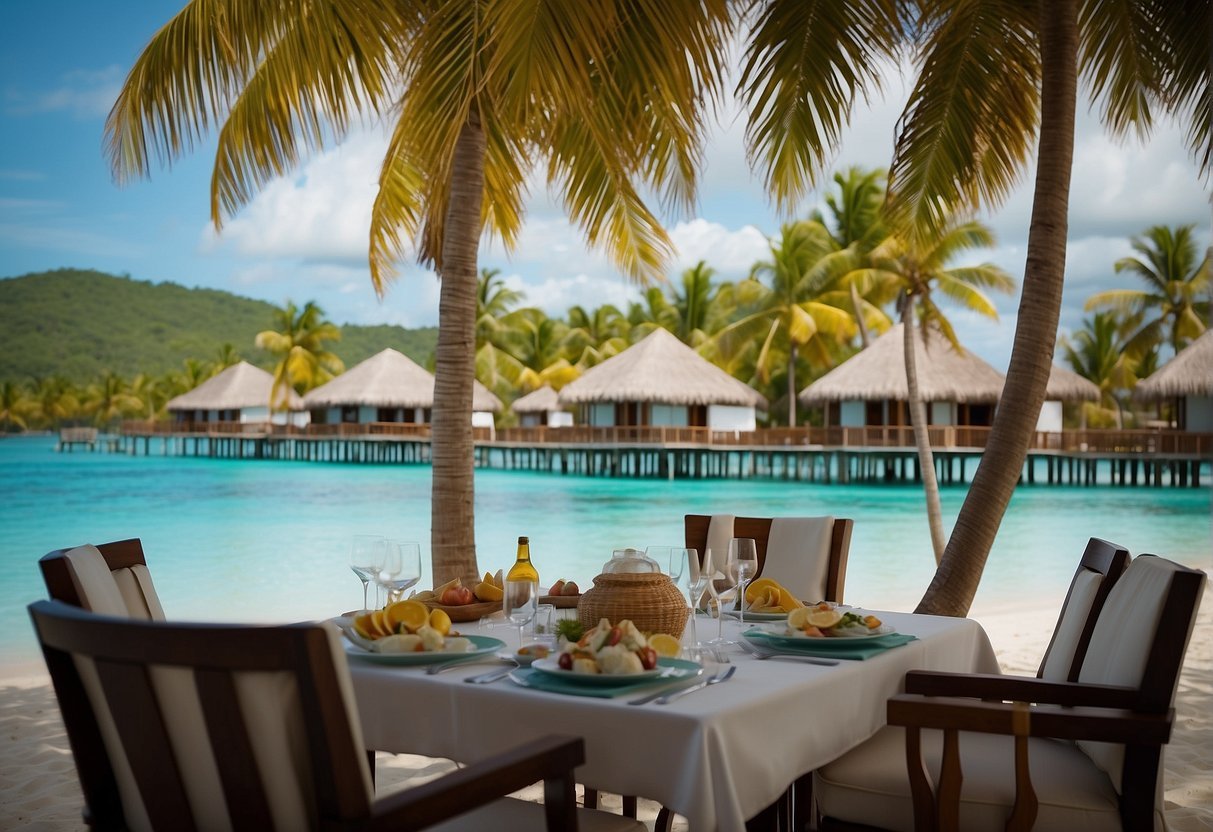A beachside resort with overwater bungalows and a table set with a variety of local dishes, surrounded by palm trees and crystal-clear turquoise water