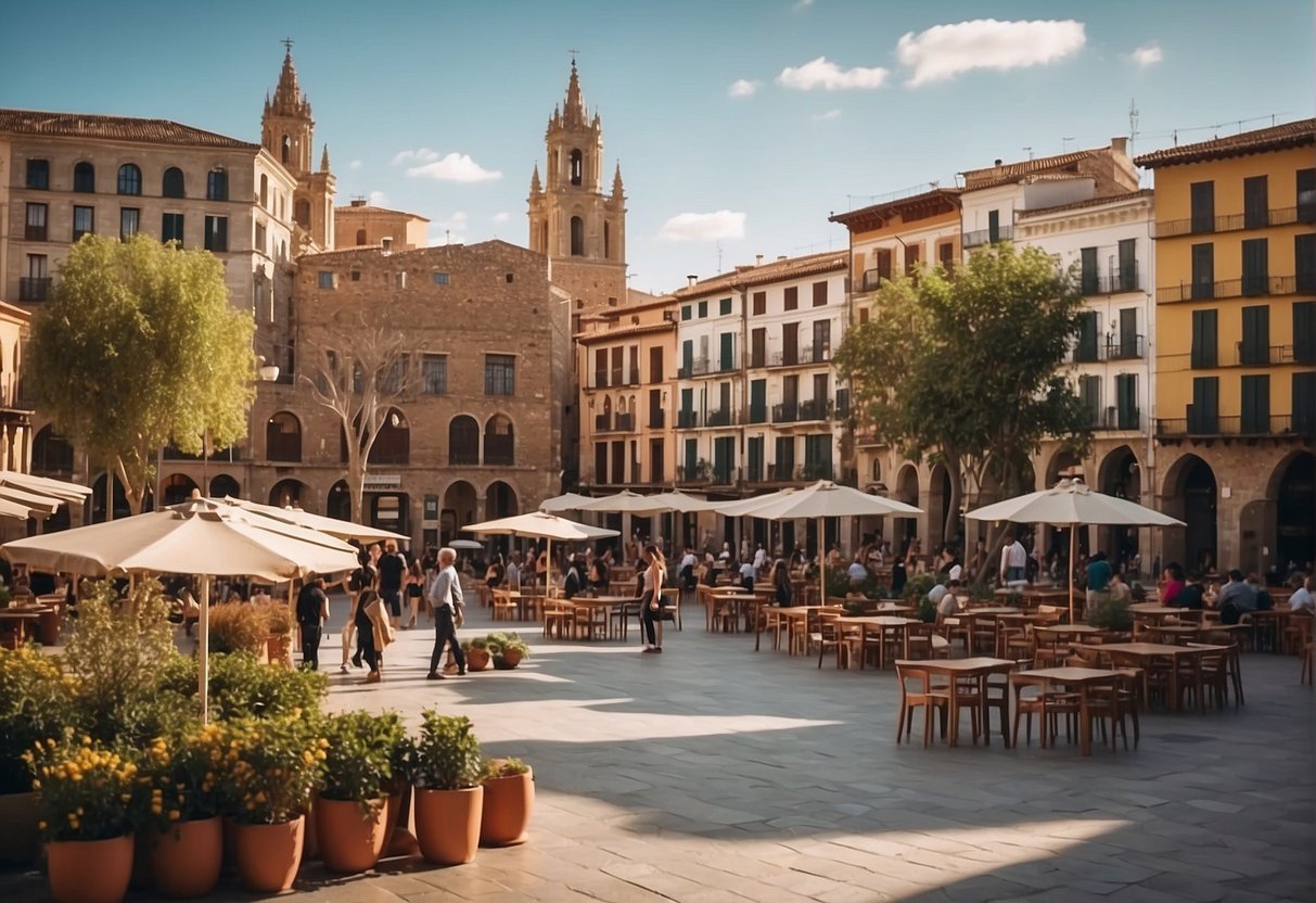 A bustling city square in Spain, with colorful buildings, outdoor cafes, and a historic cathedral in the background