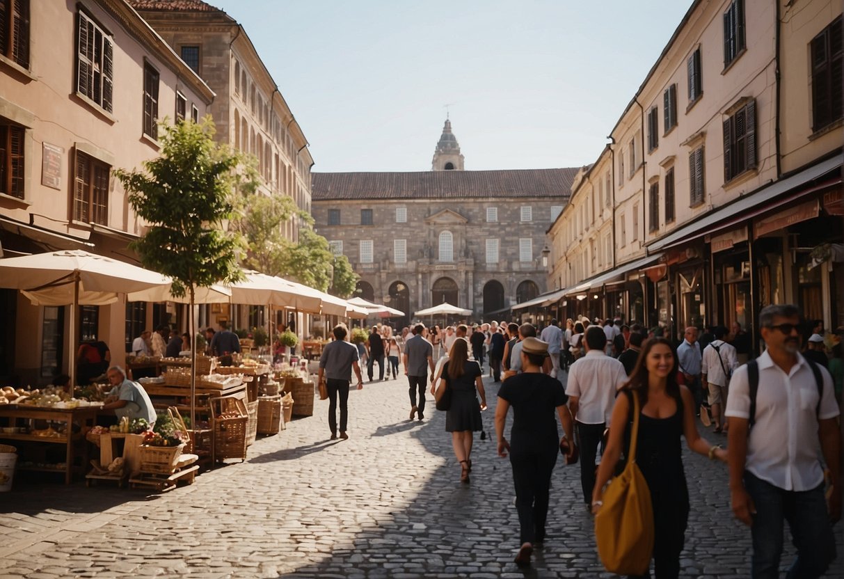 A bustling city square with cobblestone streets, historic architecture, and bustling market stalls. A mix of colonial and modern buildings line the streets, with tourists exploring the rich history and culture
