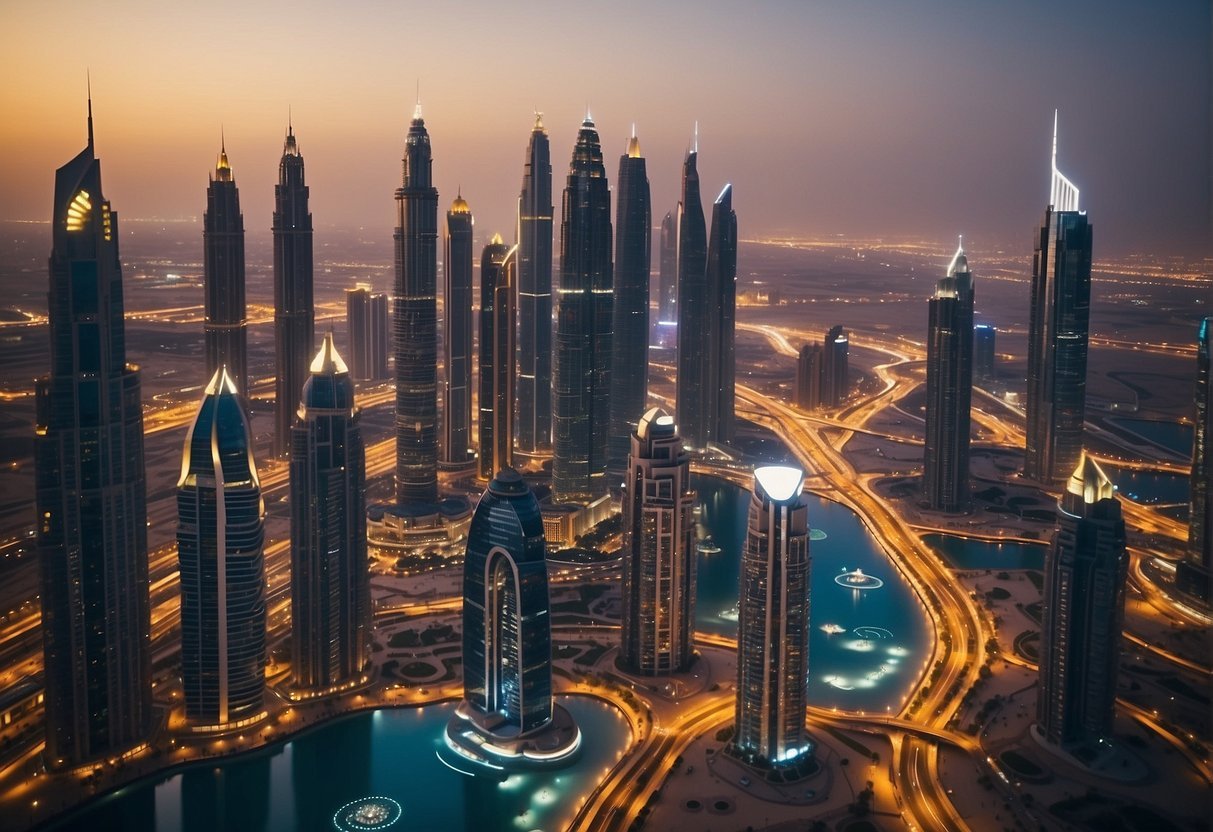 Шумный городской пейзаж с высокими небоскребами и роскошными жилыми комплексами, демонстрирующий яркий инвестиционный ландшафт Дубая.