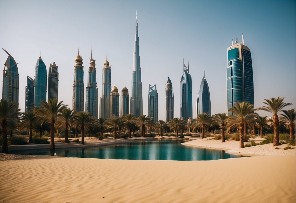A bustling Dubai cityscape with iconic landmarks, luxury skyscrapers, and diverse cultural influences. Palm trees, desert dunes, and a vibrant skyline complete the expat experience