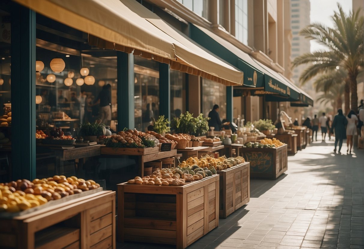 شارع صاخب في دبي تصطف على جانبيه المحلات التجارية والمقاهي النابضة بالحياة، ويستمتع الناس بأسلوب الحياة العصري في المدينة