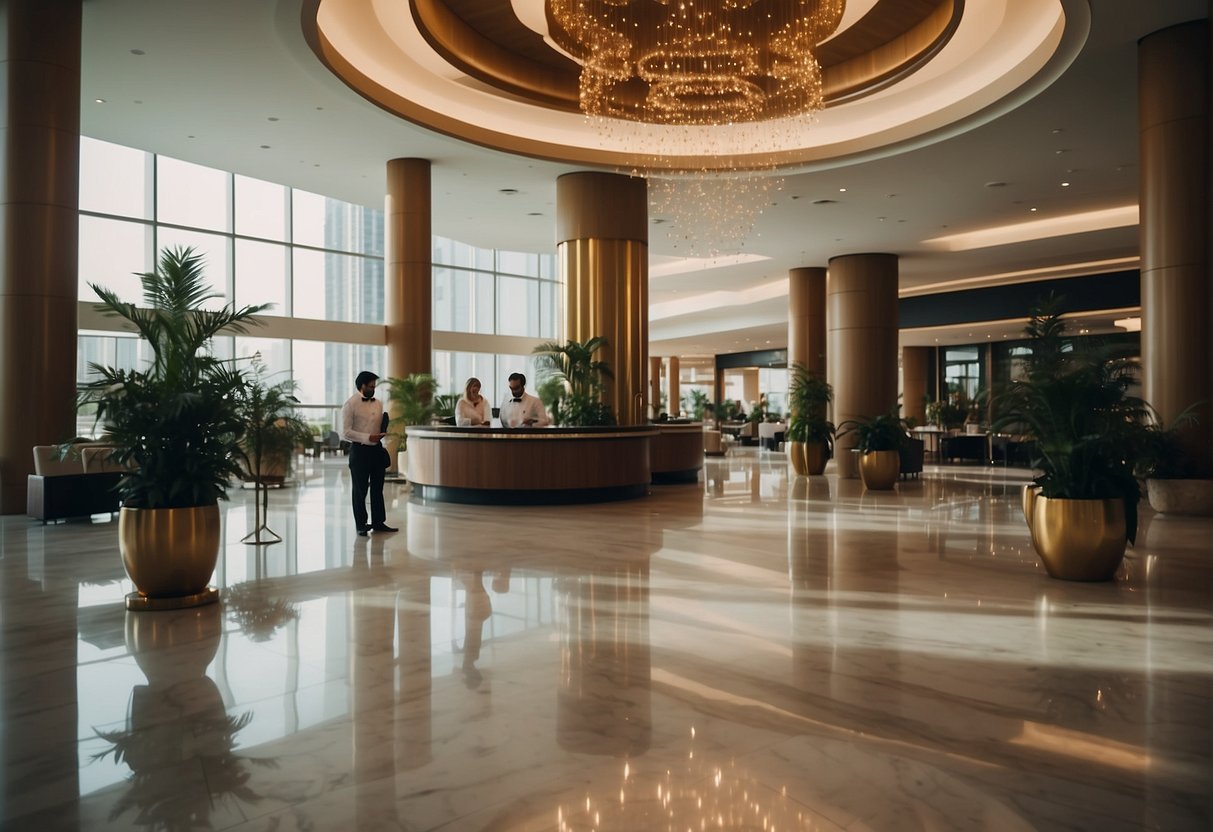 A bustling hotel lobby in the UAE, with a concierge assisting guests and staff preparing for a busy day