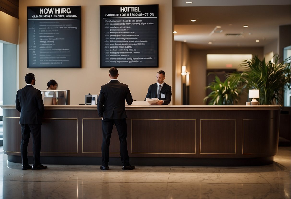 A bustling hotel lobby with staff assisting guests, a sign displaying "Now Hiring" with a list of required skills and qualifications