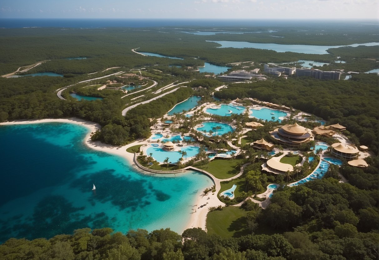 A bustling island with 24 attractions, including a race track, water park, and golf course, surrounded by sparkling blue waters and lush greenery