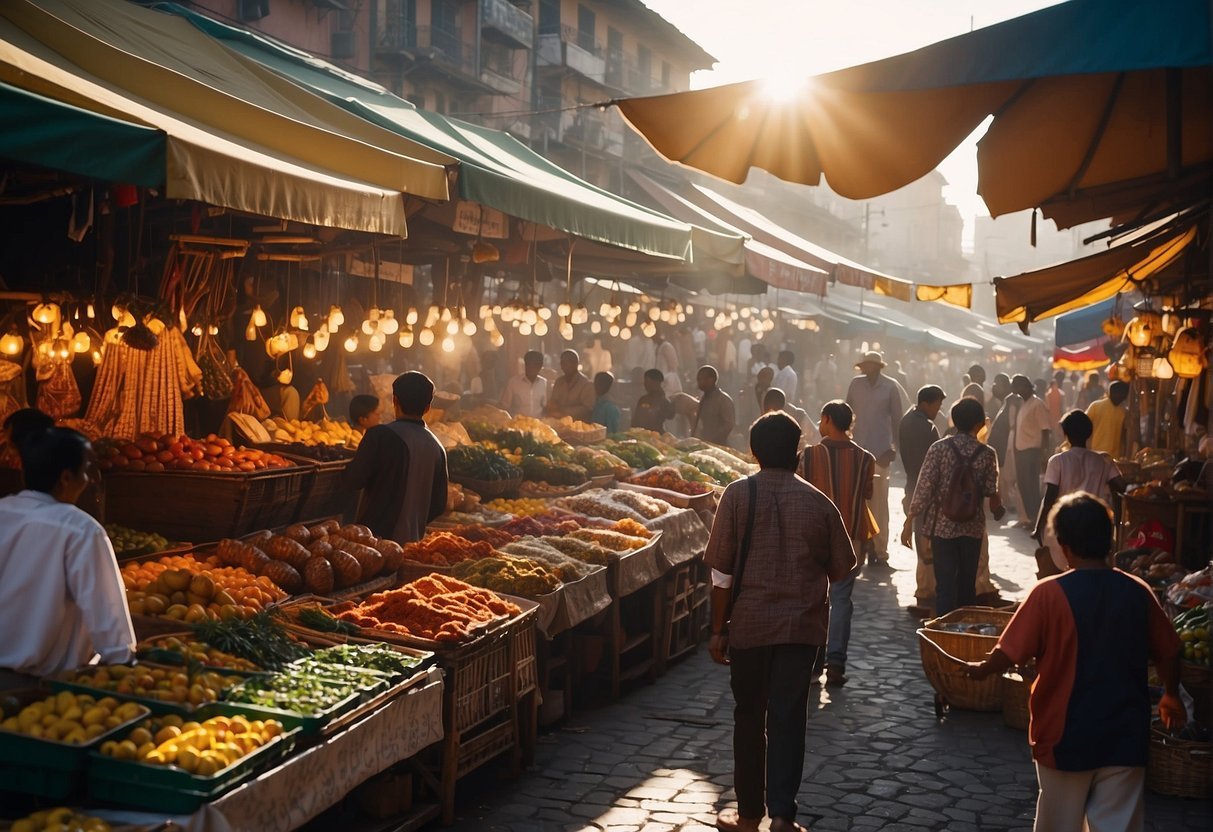 A bustling market in an exotic location with colorful stalls and a variety of goods. Locals and tourists haggle over prices while street performers entertain the crowds. The sun shines brightly, casting a warm glow over the scene