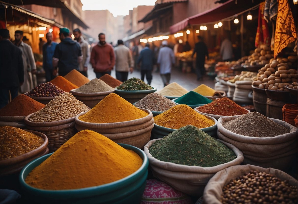 A bustling market in Marrakech, Morocco, with colorful textiles, spices, and traditional crafts on display. Surrounding the market are historic landmarks and lively street performers, creating a vibrant atmosphere for cultural exploration