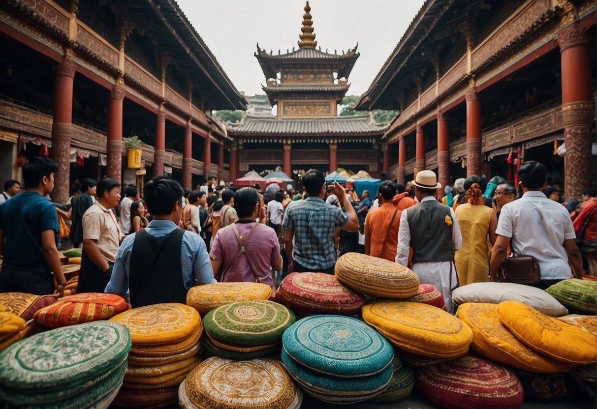 A bustling marketplace with colorful textiles, ornate architecture, and diverse street performers. A serene temple surrounded by lush gardens and intricate carvings. A lively festival showcasing traditional music, dance, and cuisine