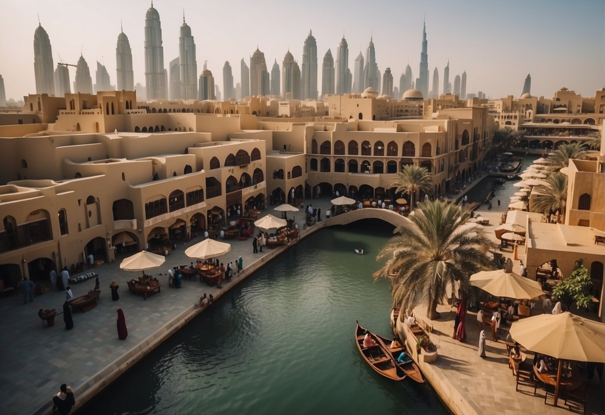 A bustling spice market, a serene creek, and a hidden art gallery in Dubai's historic district. A panoramic view from the top of an unknown skyscraper