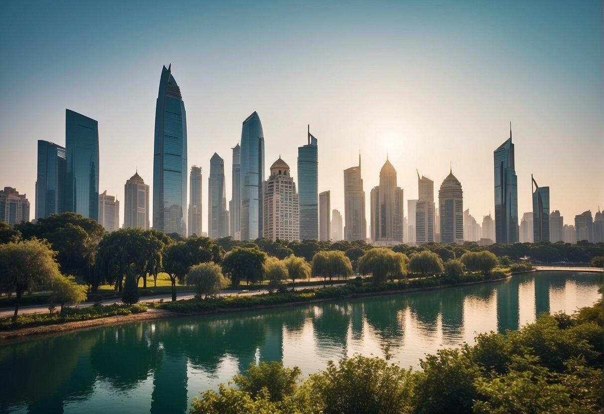 A city skyline with a mix of modern skyscrapers and traditional Arabian architecture, surrounded by lush green parks and sparkling waterfronts