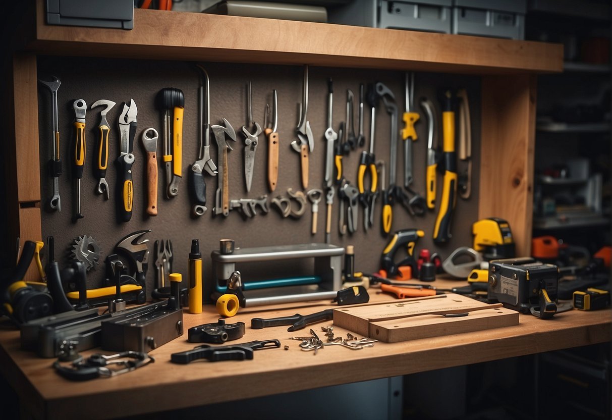 A clutter-free workbench with labeled tools and visual cues for safety and organization