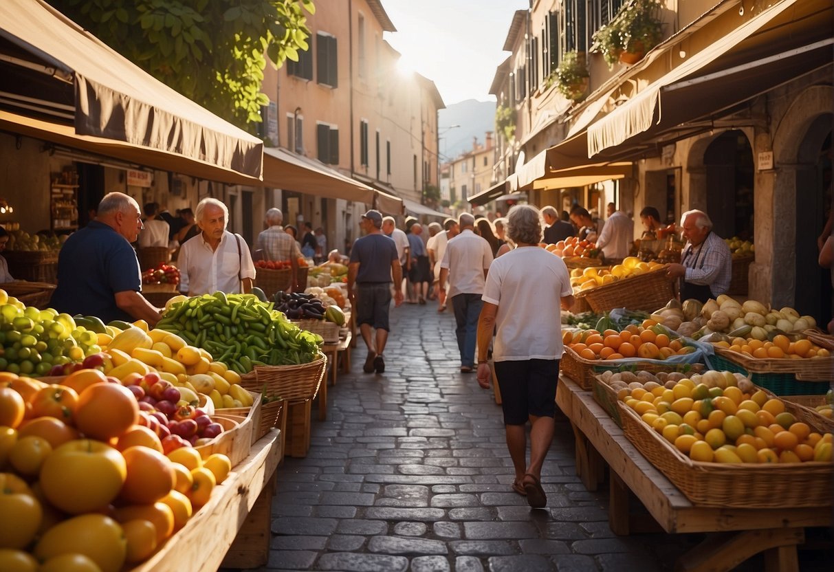 A colorful street market in a charming Italian village, with locals and tourists browsing through stalls of fresh produce, handmade crafts, and local delicacies. The warm Mediterranean sun casts a golden glow over the bustling scene