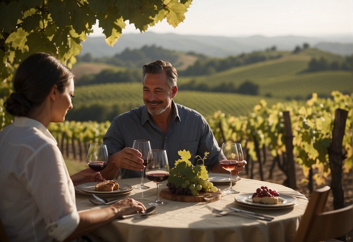 Um casal jantando em um vinhedo romântico, cercado por colinas e videiras. Um chef prepara uma refeição gourmet enquanto o casal desfruta de uma degustação de vinhos