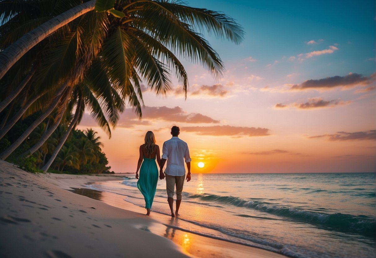 A couple strolling along a white sandy beach, with crystal clear turquoise waters and palm trees swaying in the gentle breeze. A colorful sunset paints the sky, creating a romantic and adventurous atmosphere