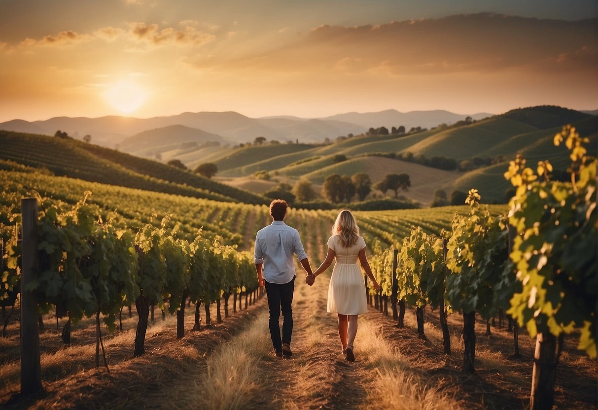 A couple strolling hand in hand through a vineyard, with rolling hills and a sunset in the background