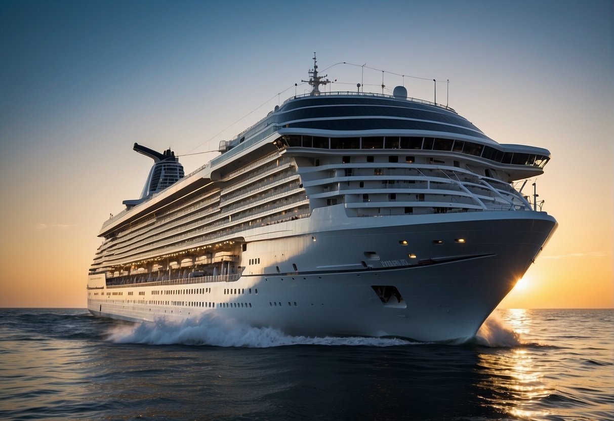 A cruise ship glides smoothly through the calm waters, its massive hull and stabilizing technology keeping it balanced and steady