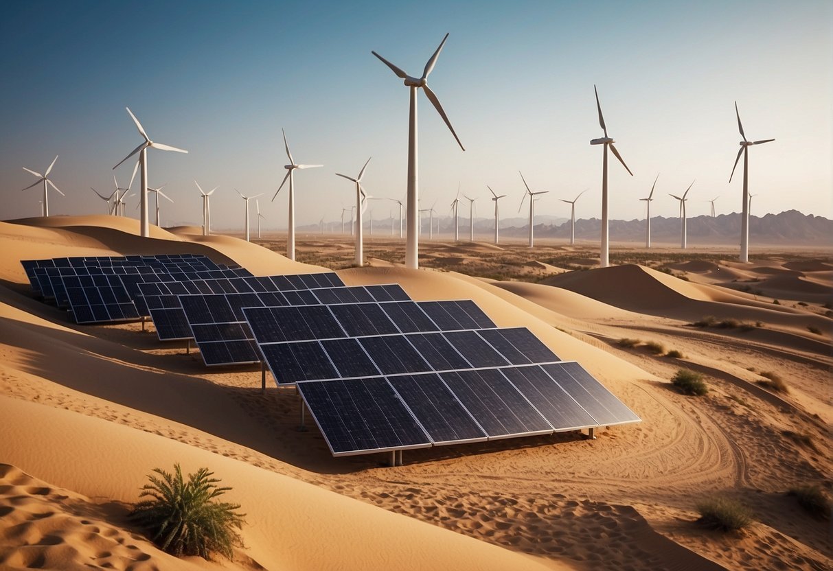 Пустынный пейзаж с солнечными батареями, ветряными турбинами и зелеными зданиями в ОАЭ, демонстрирующий устойчивое развитие.