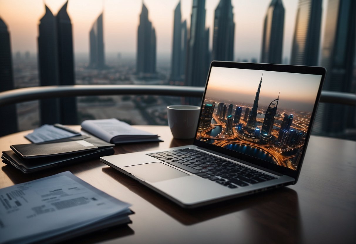 A desk with a laptop, legal documents, and financial reports. A skyline of Dubai in the background