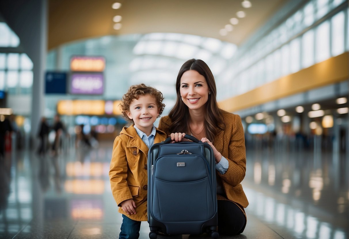 Семейный аэропорт с багажом, коляской и картой мира с указанием лучших направлений для малышей.