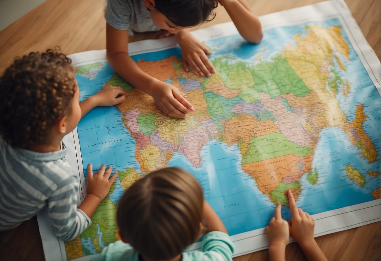 A family sits around a map, excitedly discussing vacation destinations. The children point to colorful pictures of beaches, theme parks, and exotic locations