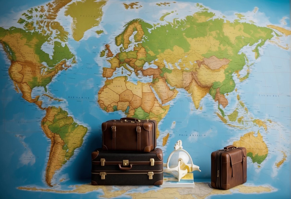 A family sits around a world map, discussing travel plans. Suitcases and guidebooks are scattered around as they research the 7 best family-friendly destinations