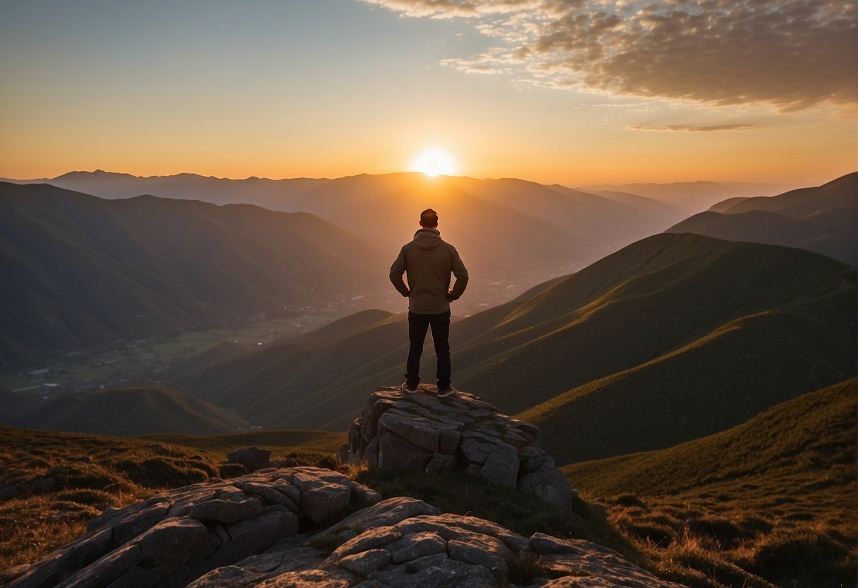 A figure stands on a mountain peak, gazing out at a vast horizon. The sun sets behind them, casting a warm glow over the landscape. The figure's posture exudes determination and ambition, embodying the spirit of pursuing dreams and overcoming challenges