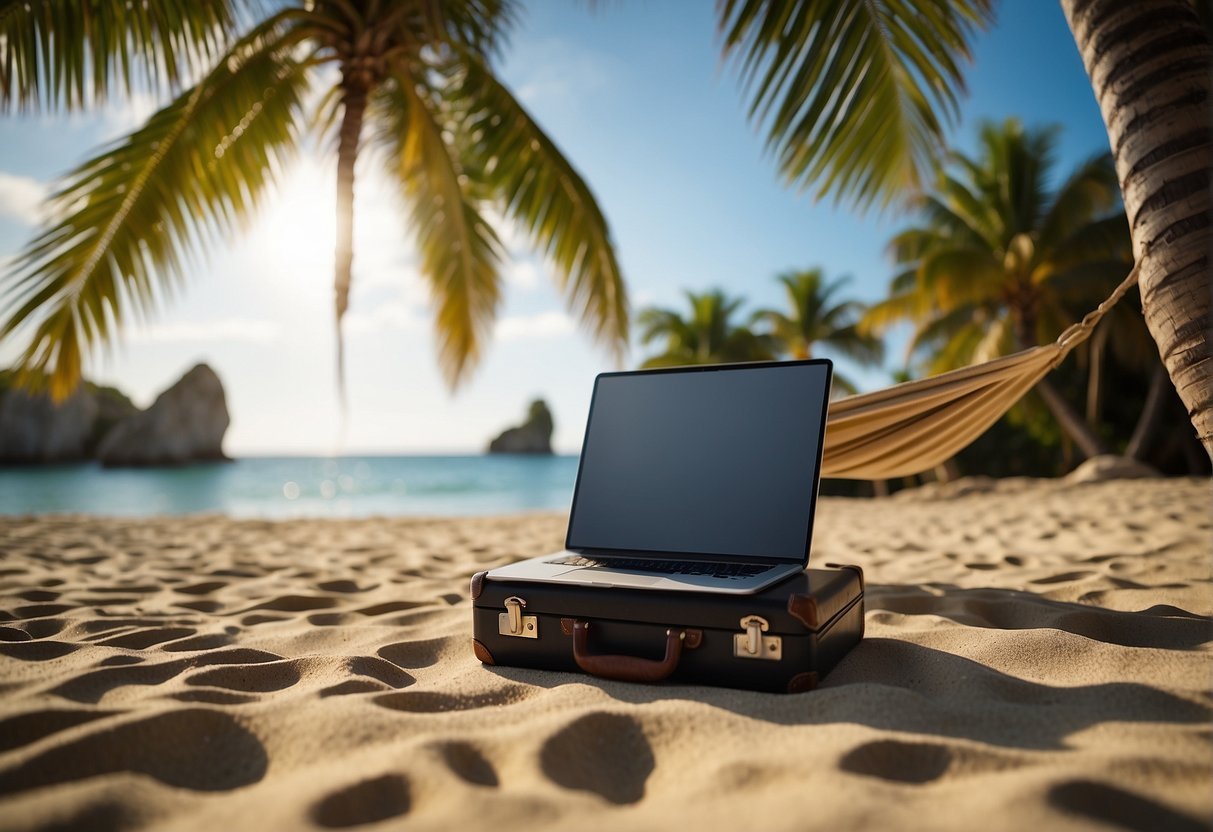 Um laptop e uma mala na praia, com uma rede e uma palmeira ao fundo