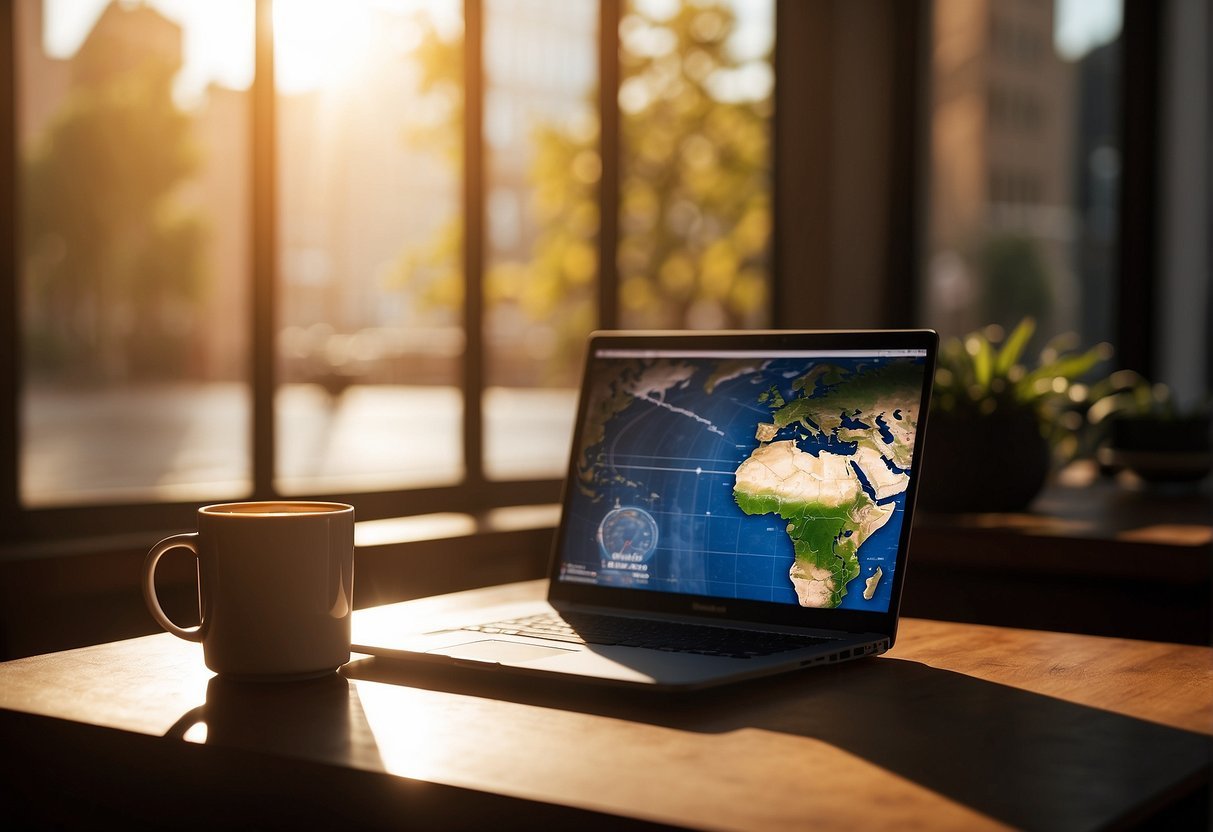 A laptop, notebook, and coffee cup sit on a table with a world map in the background. The sun streams through a window, casting a warm glow on the workspace