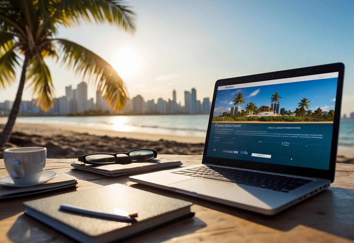 Una computadora portátil abierta en una playa con un formulario de solicitud de visa y un pasaporte, rodeada por un paisaje tropical y el horizonte de la ciudad a lo lejos