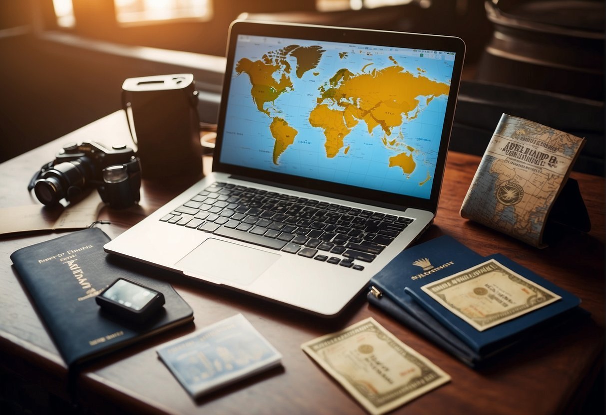 Una computadora portátil, un pasaporte y elementos esenciales de viaje esparcidos sobre un escritorio. Un mapa mundial en la pared, con destinos marcados. La luz del sol entrando por una ventana, insinuando aventuras
