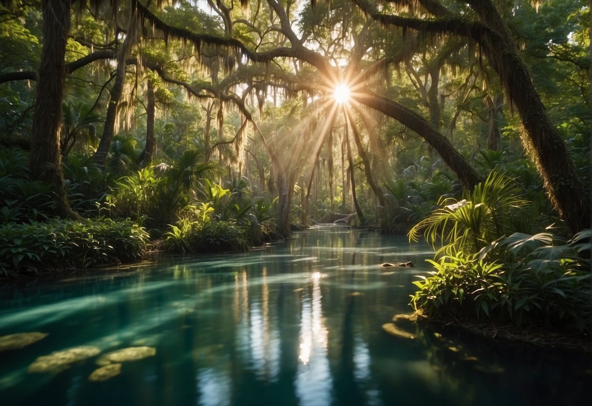 A lush forest with diverse wildlife, including birds, deer, and alligators, surrounded by crystal-clear springs and winding rivers. The scene is vibrant and full of life, with the sun shining through the trees