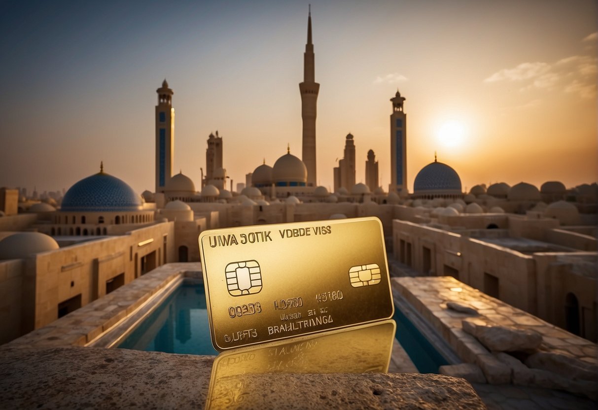 Una lujosa tarjeta Visa dorada rodeada de monumentos y símbolos kuwaitíes.