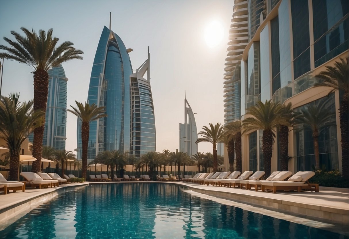 A luxurious high-rise apartment building with a pool and palm trees, surrounded by modern skyscrapers in the bustling city of Dubai
