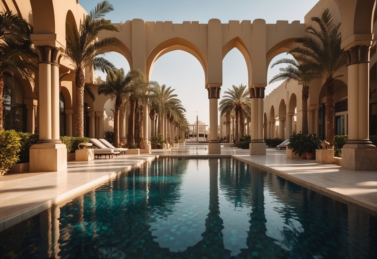 Um luxuoso spa resort em Abu Dhabi, com palmeiras, uma piscina tranquila e arquitetura elegante sob o sol dourado