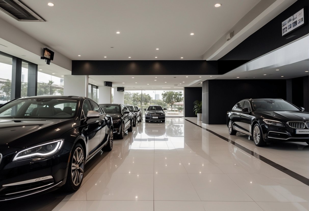 A luxury car rental office in Ahmedabad with sleek cars lined up, a modern interior, and a professional staff assisting customers