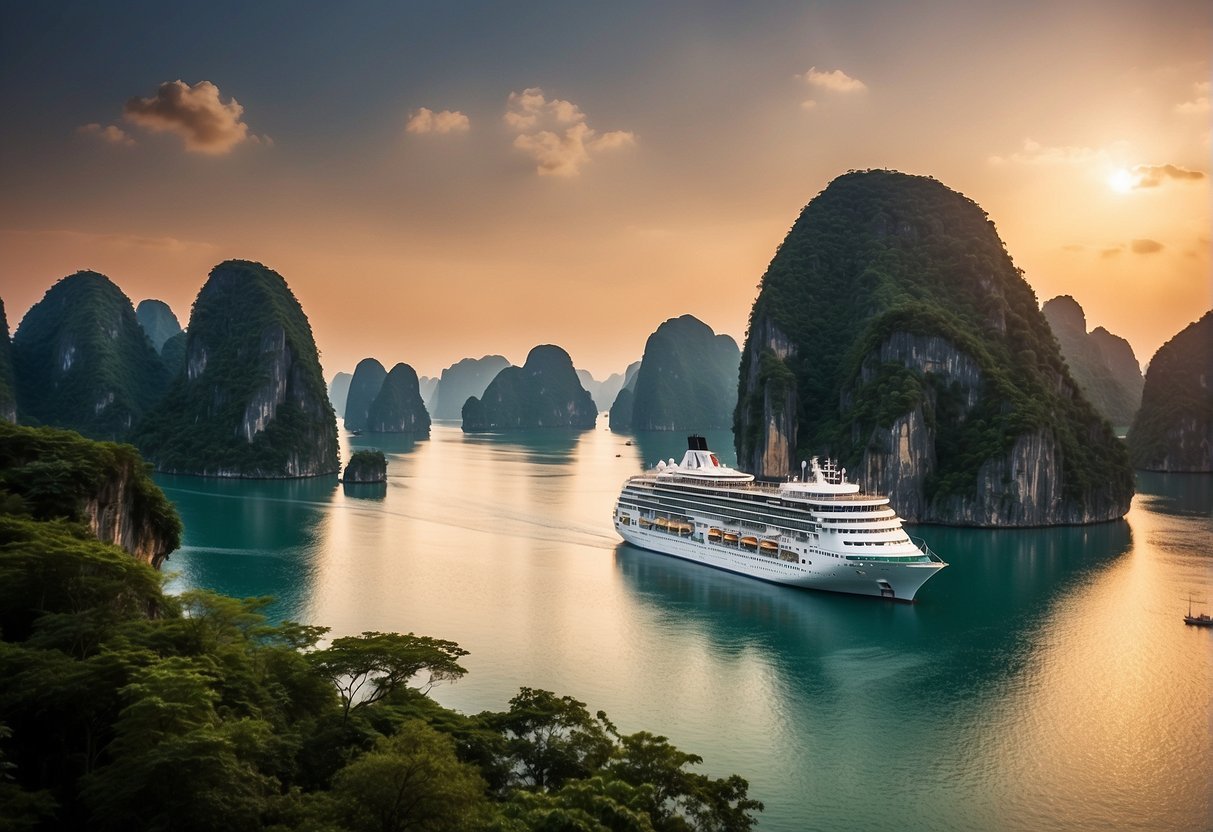 A majestic cruise ship sails through the calm waters of Halong Bay, surrounded by towering limestone karsts and lush green islands. The sun sets in the distance, casting a warm glow over the tranquil scene
