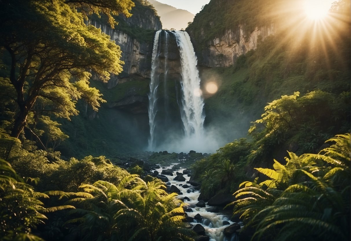 A majestic waterfall cascades down a rugged cliff, surrounded by lush greenery and towering mountains in the background. The sun shines brightly, casting a warm glow over the breathtaking scene