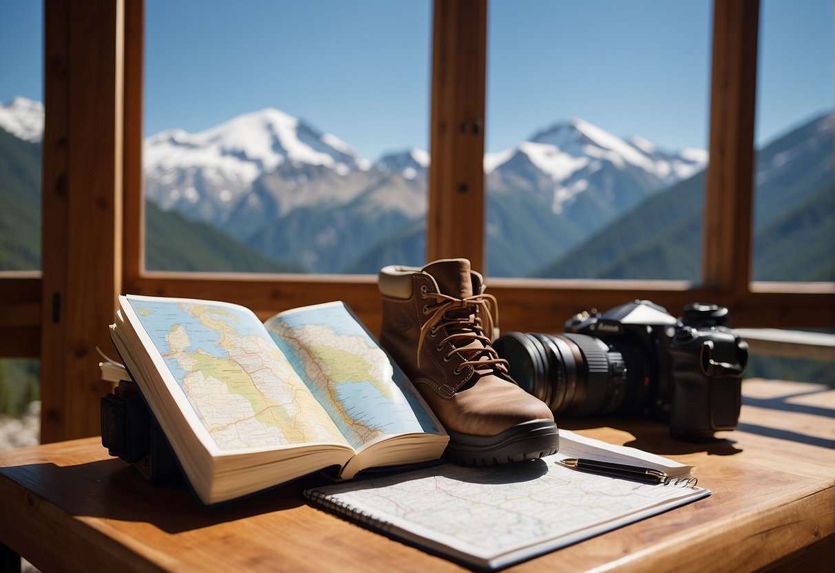 A map, compass, and hiking boots lay on a wooden table surrounded by travel guides and a notebook. The window shows a mountain peak and a clear blue sky