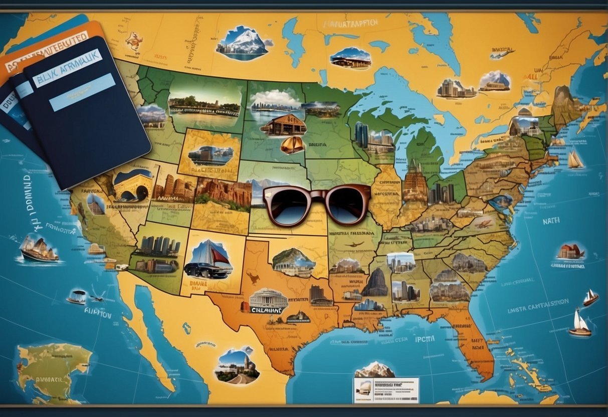 Um mapa da América do Norte com 10 destinos de férias populares em destaque, cercado por itens essenciais de viagem, como passaporte, câmera e óculos de sol