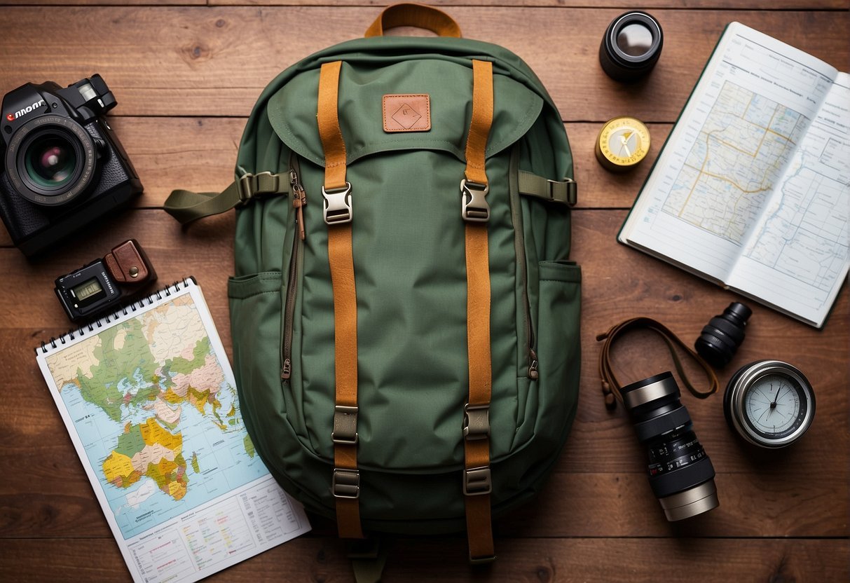 A map spread out on a table, surrounded by gear like a backpack, hiking boots, and a compass. A notebook with a checklist of essential tips for adventure travel lies open next to the map