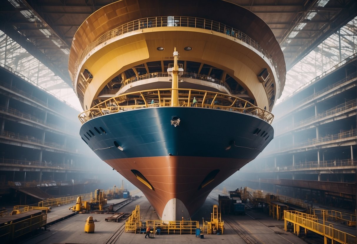 A massive cruise ship being constructed in a shipyard, with workers welding and assembling the various components of the ship's structure