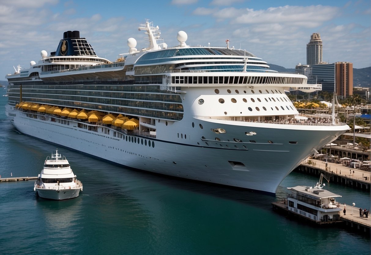 A massive cruise ship sits in the water, towering over the surrounding boats and buildings. Its sheer size and weight are evident as it looms over the harbor
