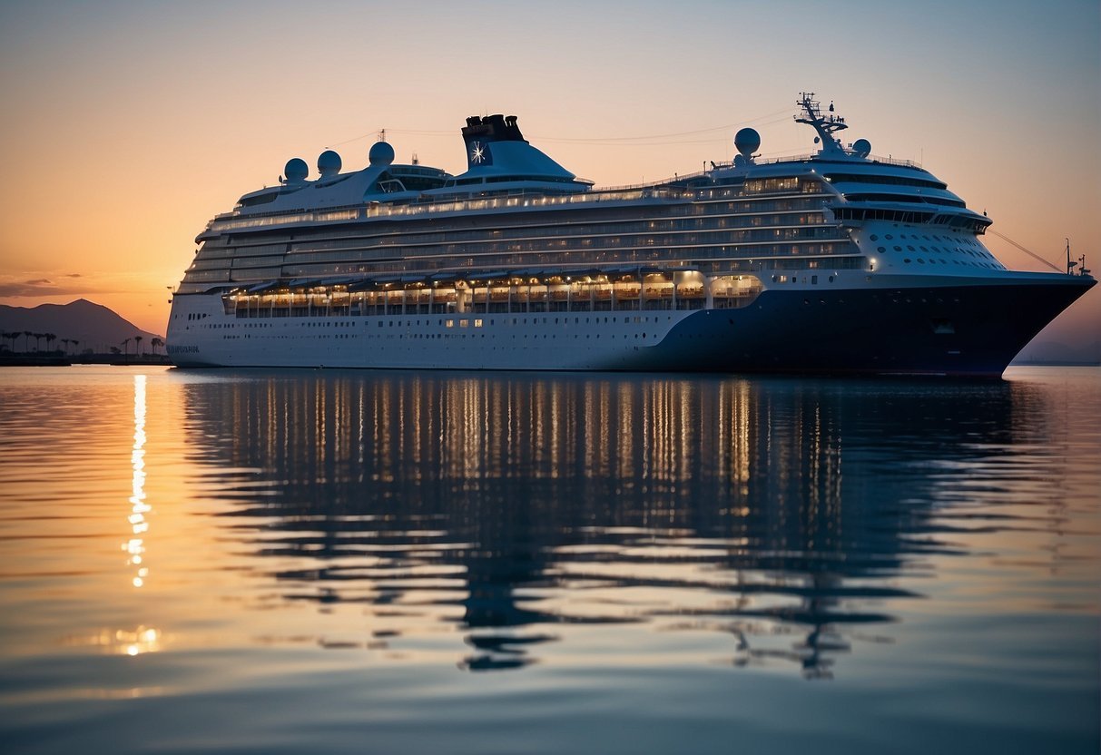 Um enorme navio de cruzeiro, pesando milhares de toneladas, paira sobre as águas calmas, com seu design elegante e decks imponentes criando uma silhueta impressionante contra o horizonte.