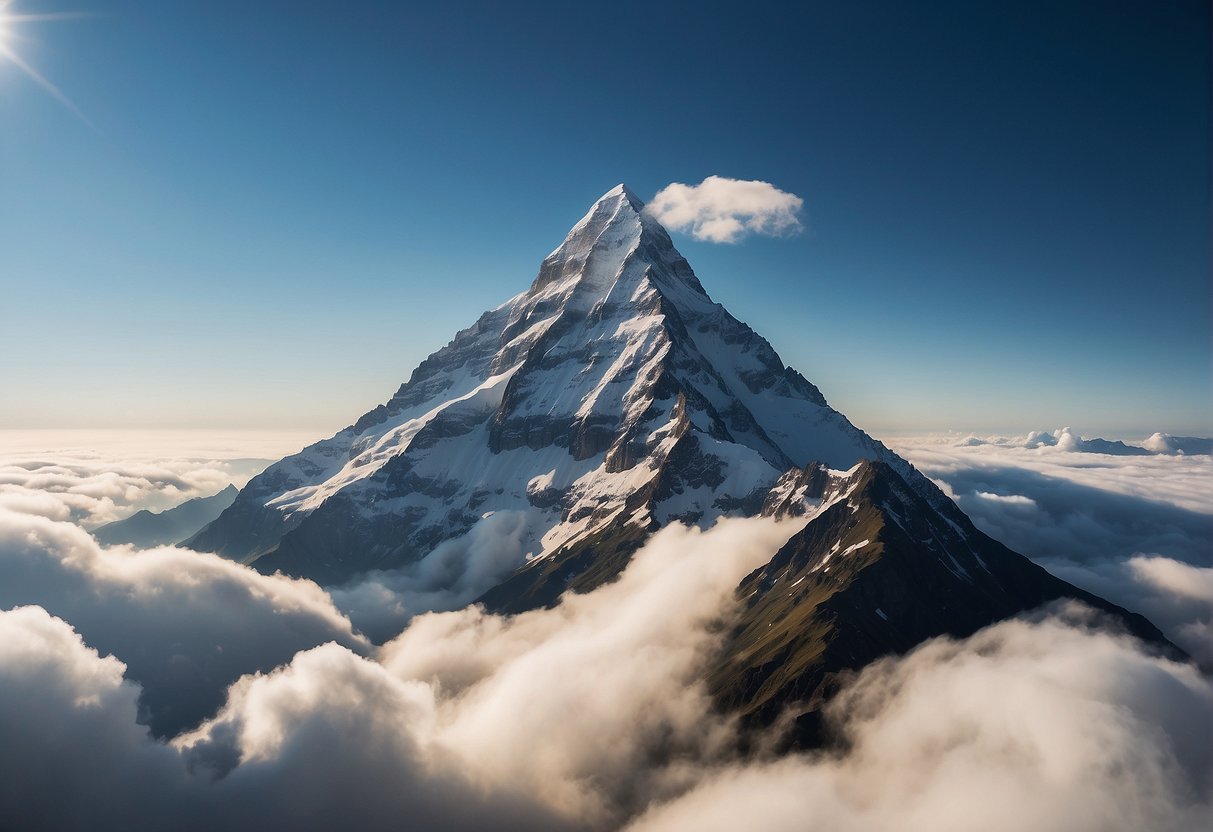 A mountain peak towering above the clouds, symbolizing the achievement of reaching the pinnacle of success
