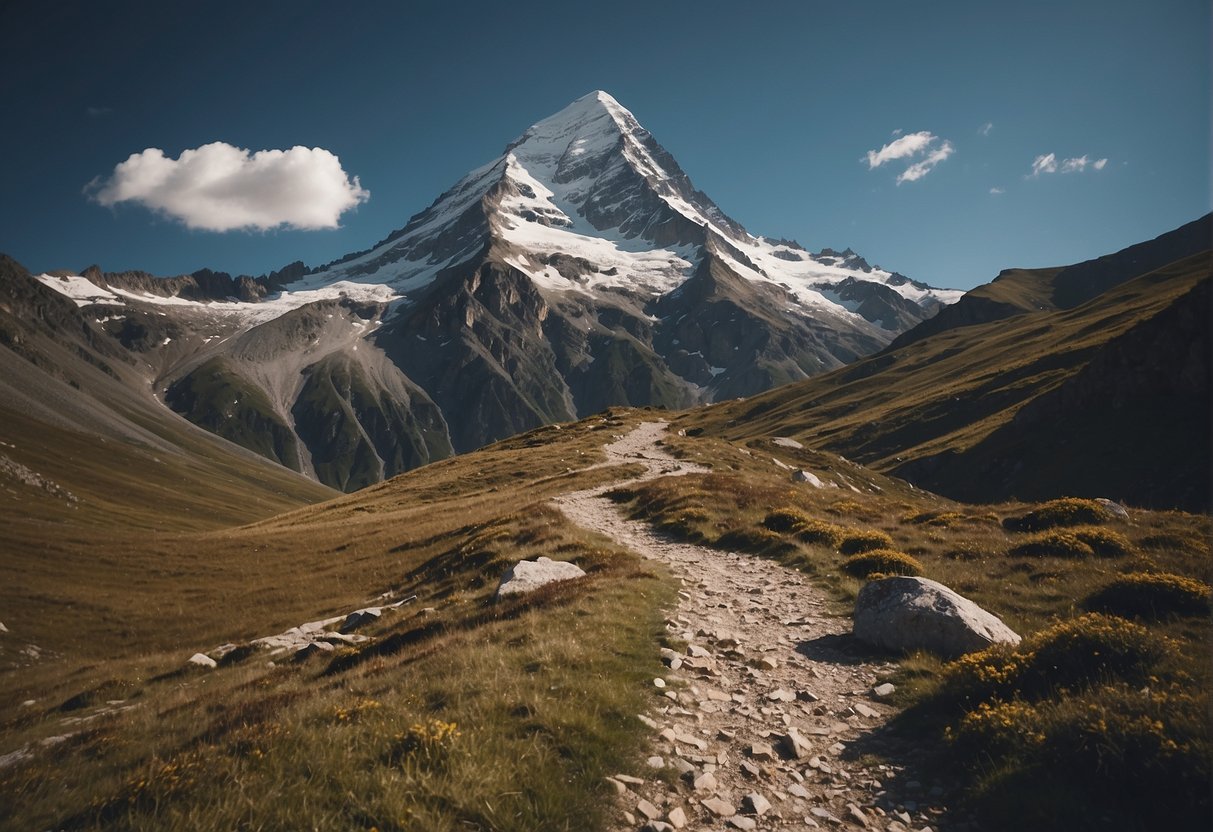 La cima de una montaña con un camino claro que conduce a la cima, que simboliza el viaje y el logro del verdadero éxito.