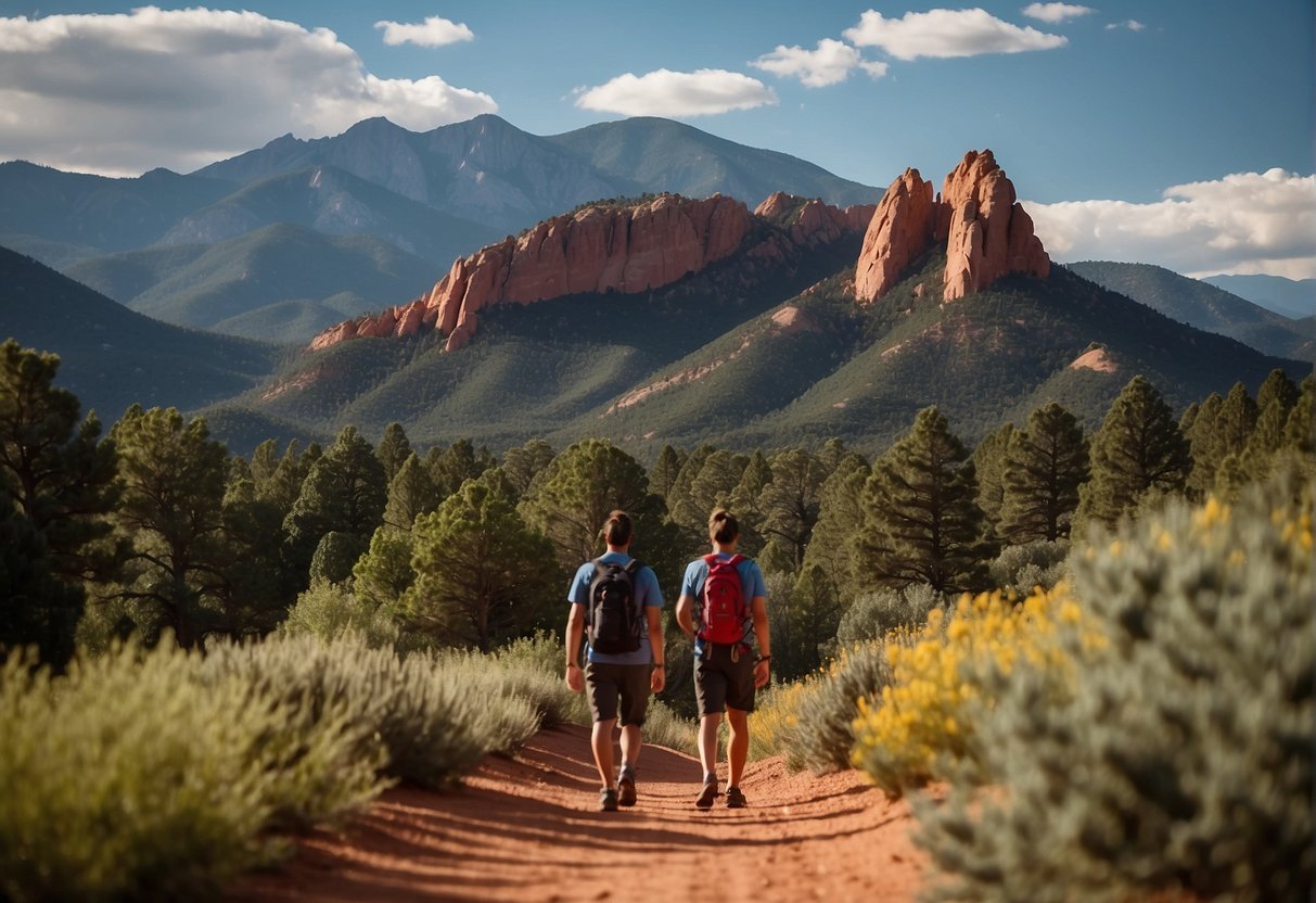 A panoramic view of Pikes Peak towering over Garden of the Gods, with hikers exploring the iconic red rock formations and lush greenery