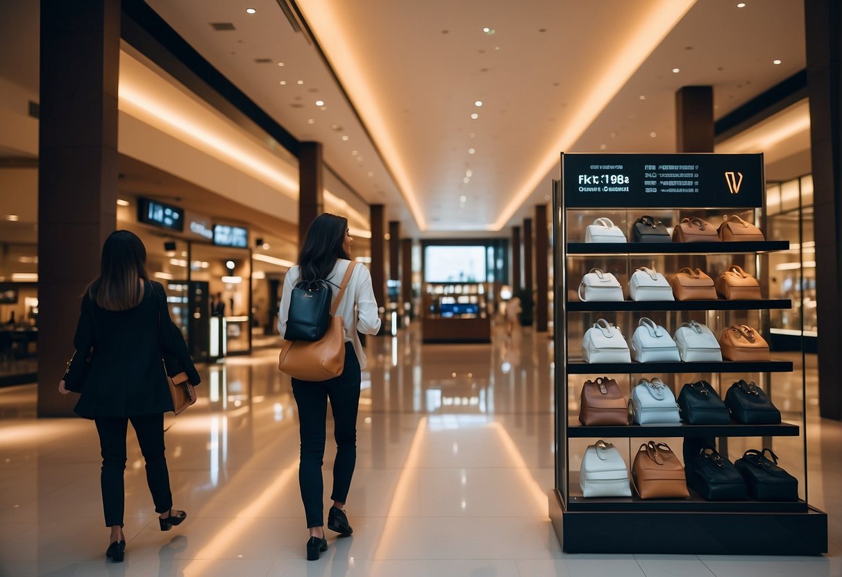 Человек просматривает разнообразные фирменные товары в современном и роскошном торговом центре в ОАЭ, где выставлены заметные ценники и знаки скидок.
